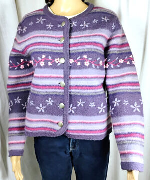 Vintage Tally Ho Sweater Women PS Purple Stripe Floral Wool Cardigan Cottagecore